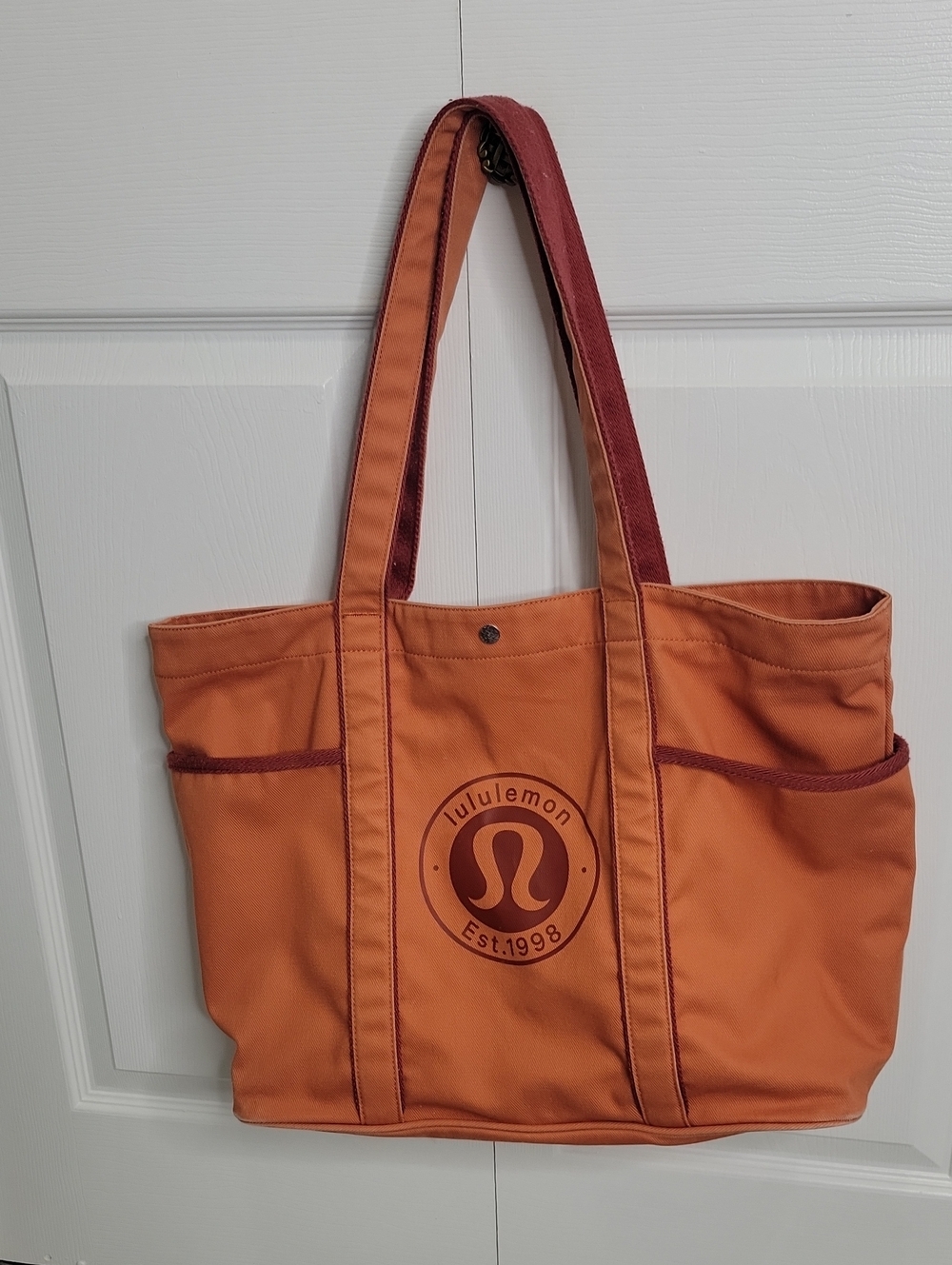 Lululemon Athletica Orange Daily Multi-Pocket Canvas Tote with Burgundy Trim - Picture 2 of 6